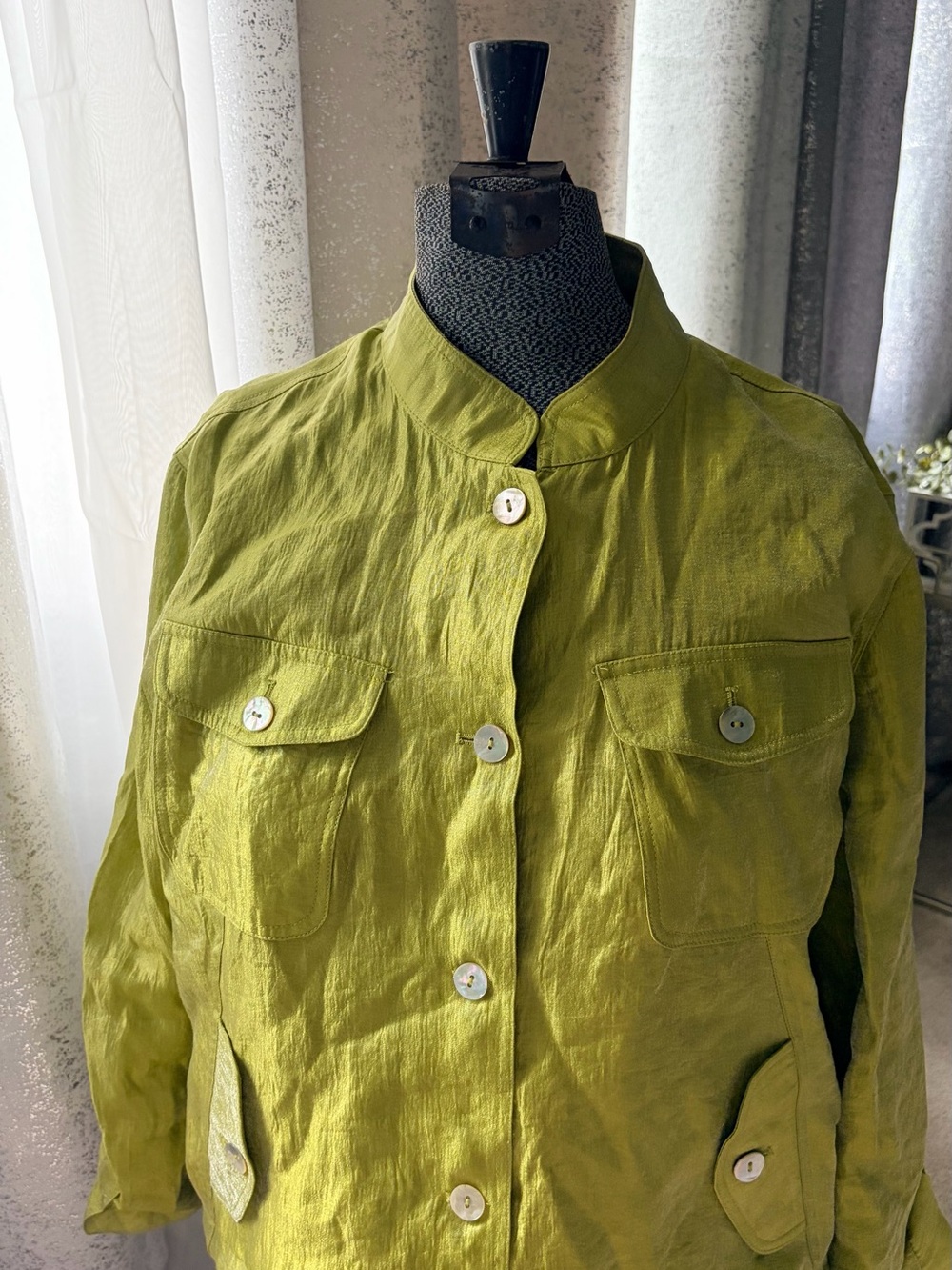 Satin-Blend Stand Collar Jacket in Lime Green